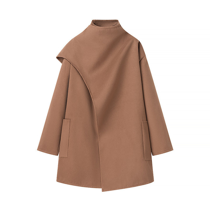 Women Asymmetrical Wool Blend Coat with Cape Overlay and Stand Collar Mune Fashion