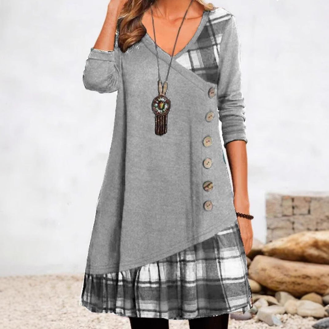 Women's asymmetrical V-neck tunic dress with decorative button placket and animal print trim Mune Fashion