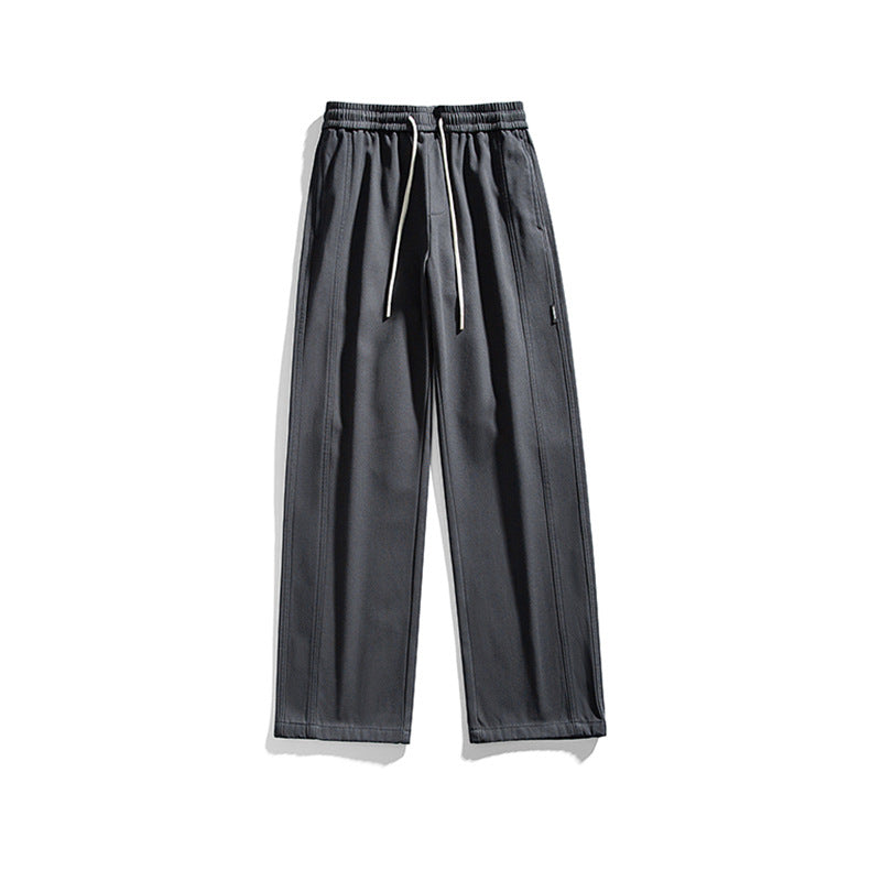 Men's Straight-Cut Casual Pants with Elastic Waistband, Drawstring and Decorative Stitching Mune Fashion