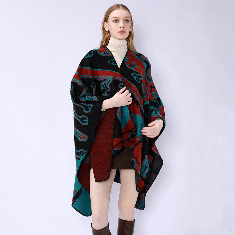 Women's Jacquard Cape Poncho with Musical Ornament and Rolled Edge Mune Fashion