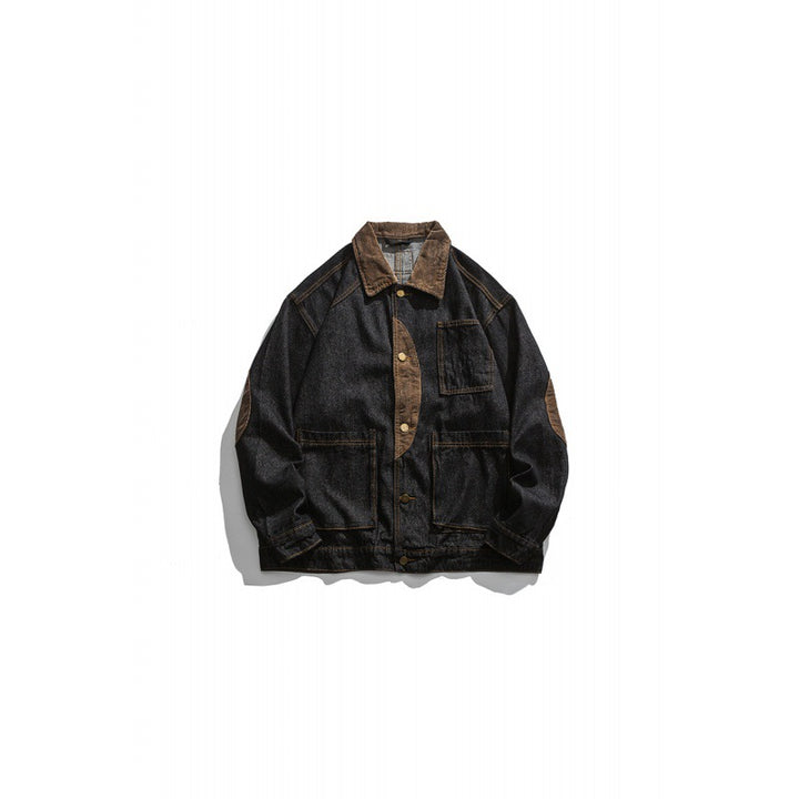 Men's Boxy Denim Work Jacket with Cord Collar, Flap Pockets and Elbow Patches Mune Fashion