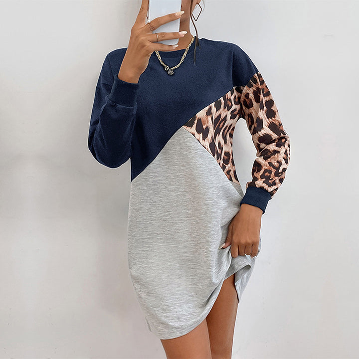 Ladies Oversized Sweat Dress with Color Block Design and Leopard Sleeves Mune Fashion