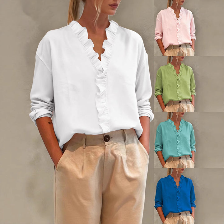 Ladies Elegant V-Neck Blouse with Ruffle Trim and Loose Oversized Cut