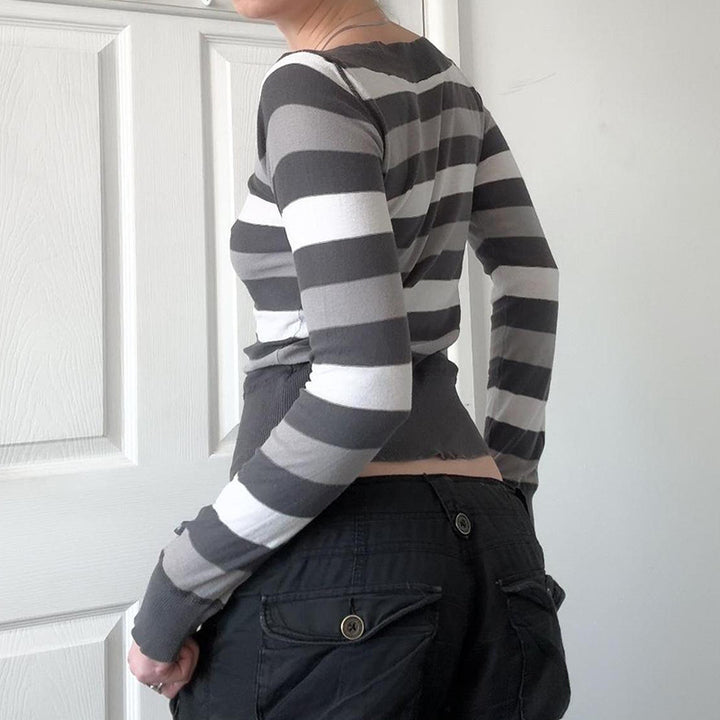 Women Tailored Fine Knit Sweater with Wide Block Stripes and V-Neck Mune Fashion