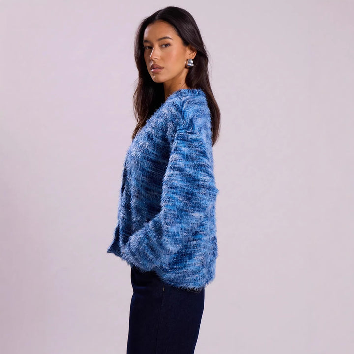 Women's Oversize Fuzzy Sweater with Wide Carmen Neckline and Mélange Knit Structure Mune Fashion