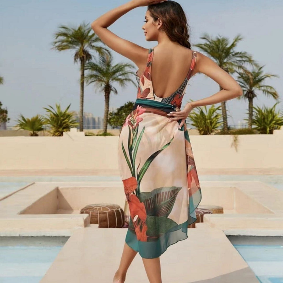 Women Elegant Wrap Swimsuit with Floral Designs and Matching Overlay Skirt Mune Fashion