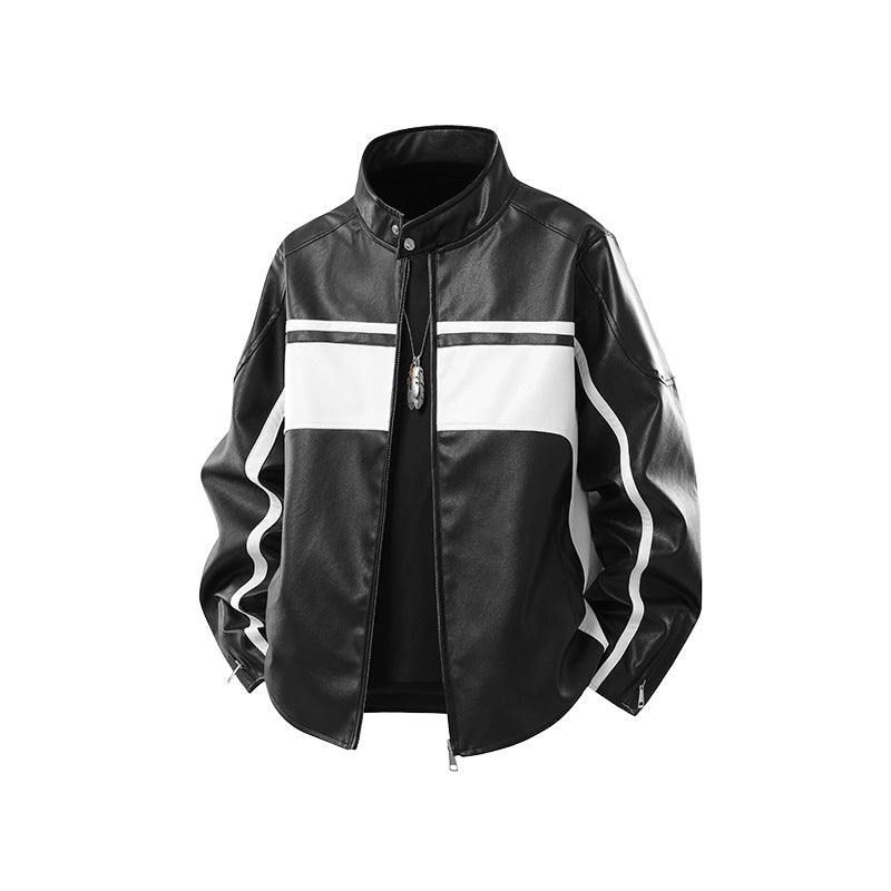 Herren Kunstleder-Bomberjacke mit Stehkragen, farbblockierten Einsätzen und Kontraststreifen Mune Fashion