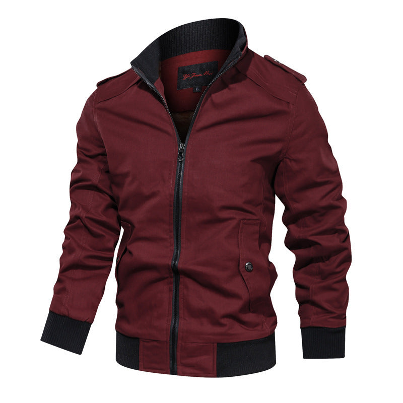 Men's lightweight canvas urban jacket in bomber style with high collar and concealed two-way zipper.