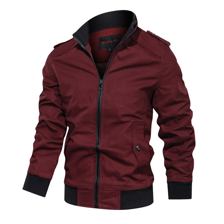 Men's lightweight canvas urban jacket in bomber style with high collar and concealed two-way zipper.