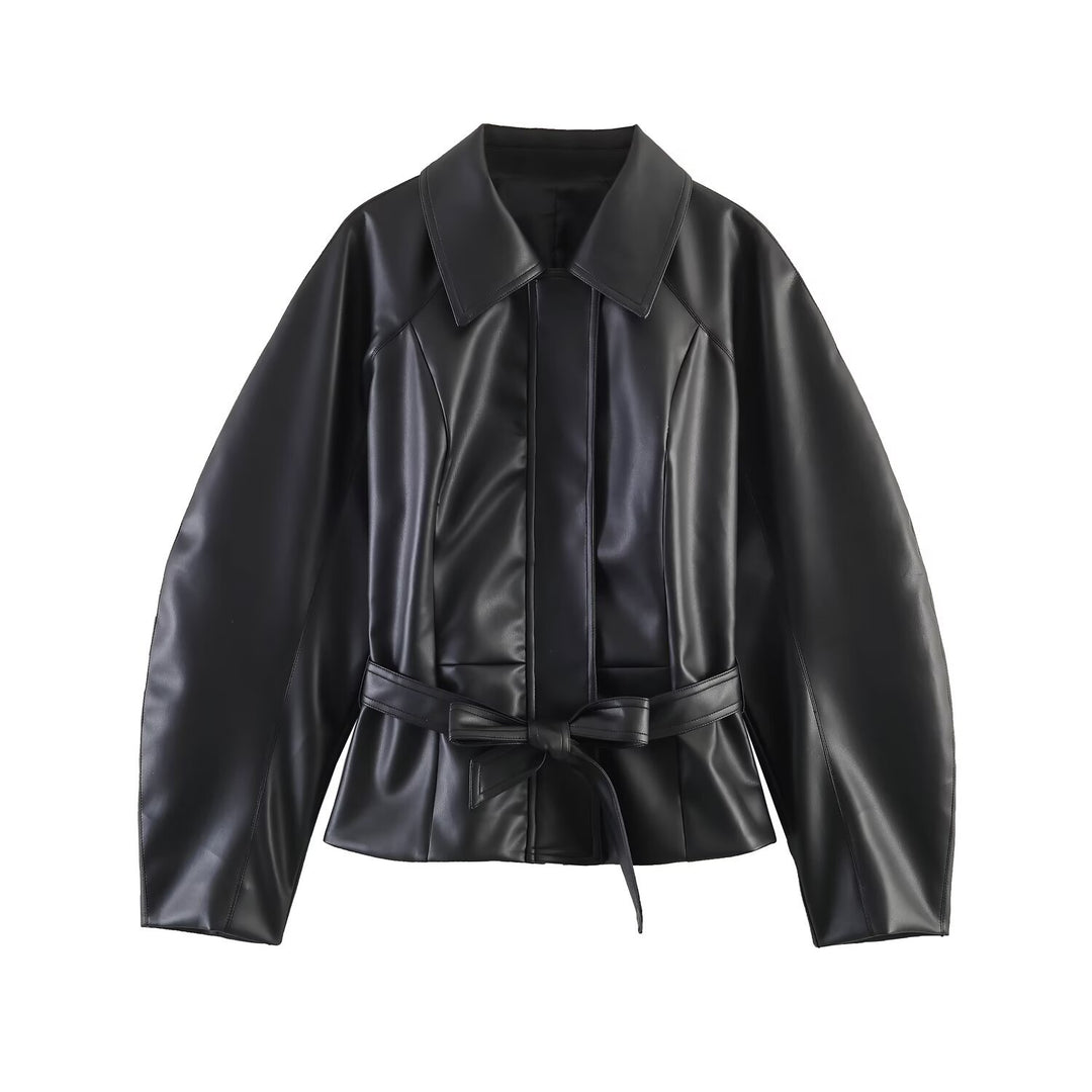 Women's Tailored Vegan Leather Wrap Jacket with Tunnel Drawstring Belt and Oversized Sleeves Mune Fashion