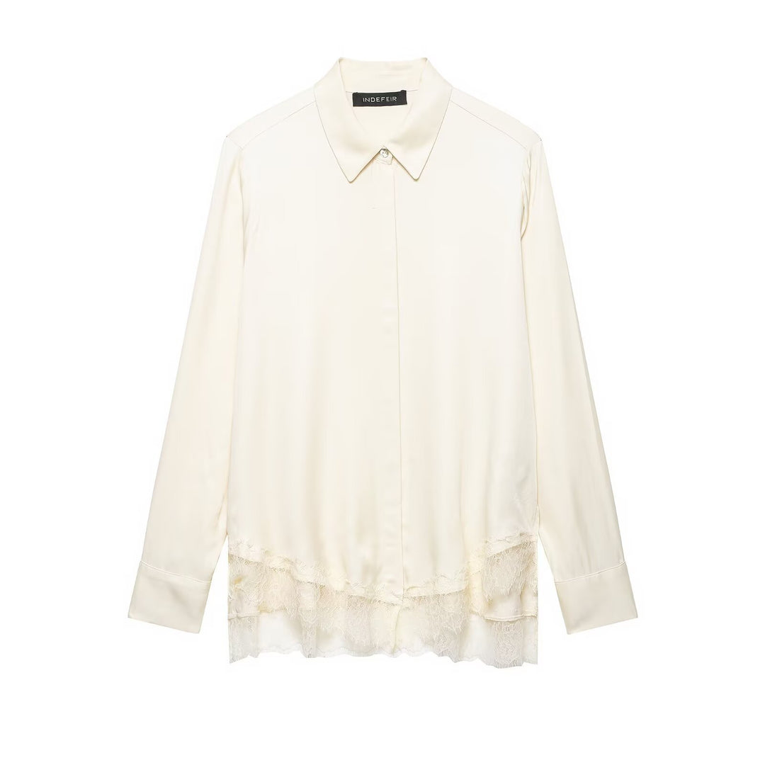 Ladies Silk-like Blouse with Concealed Button Placket and Lace Trim Mune Fashion