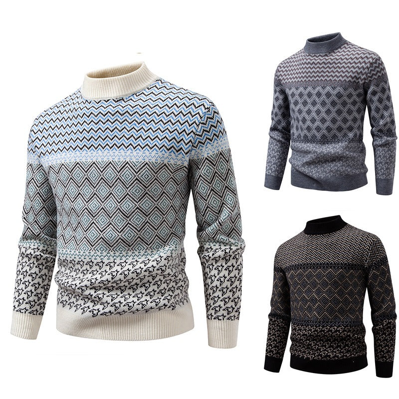 Men's Norwegian Pattern Sweater with Stand-Up Collar and Fine Jacquard Knit Mune Fashion