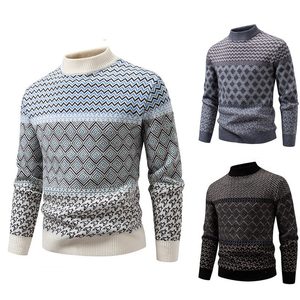 Men's Norwegian Pattern Sweater with Stand-Up Collar and Fine Jacquard Knit Mune Fashion