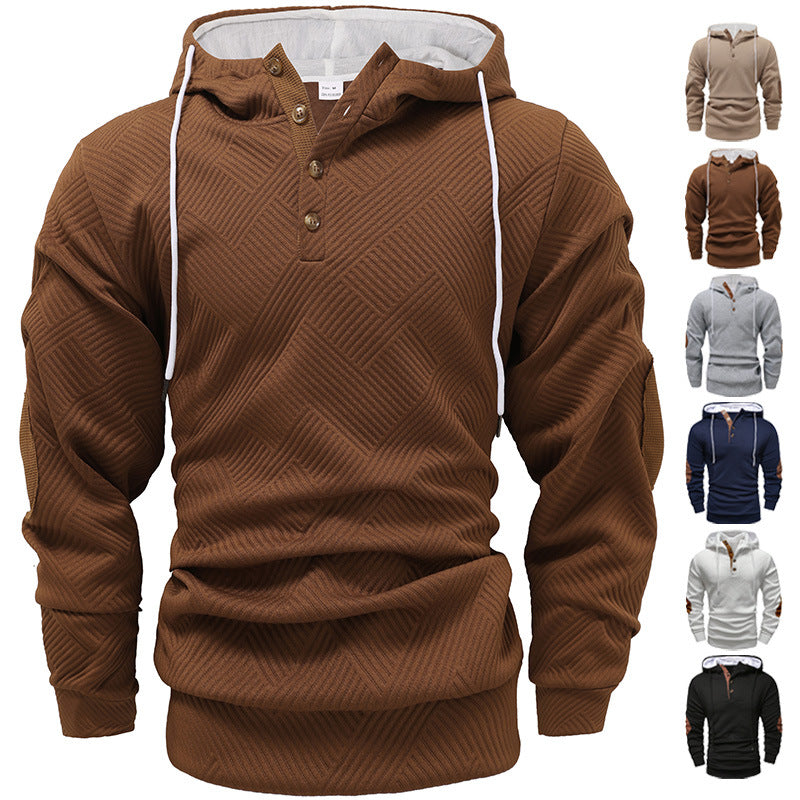 Men's structured hoodie in Henley style with contrast trim and elbow patches Mune Fashion