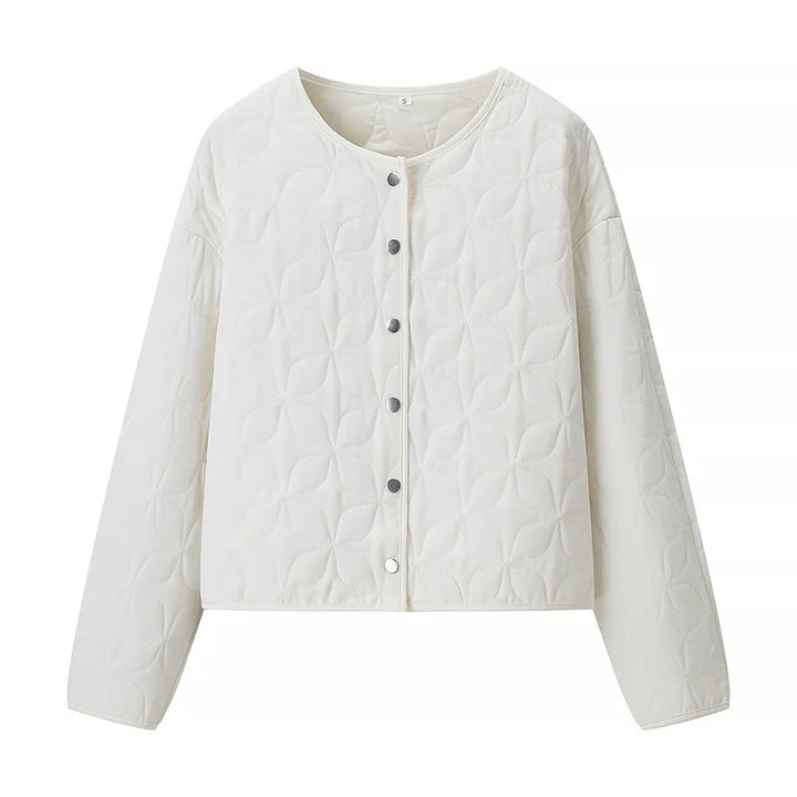 Women's quilted boxy transitional jacket with floral quilted texture, lightly padded inner lining and press stud placket Mune Fashion