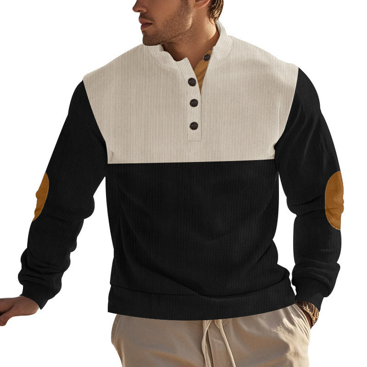 Men's ribbed knit sweater with standing collar, button placket, and leather elbow patches Mune Fashion