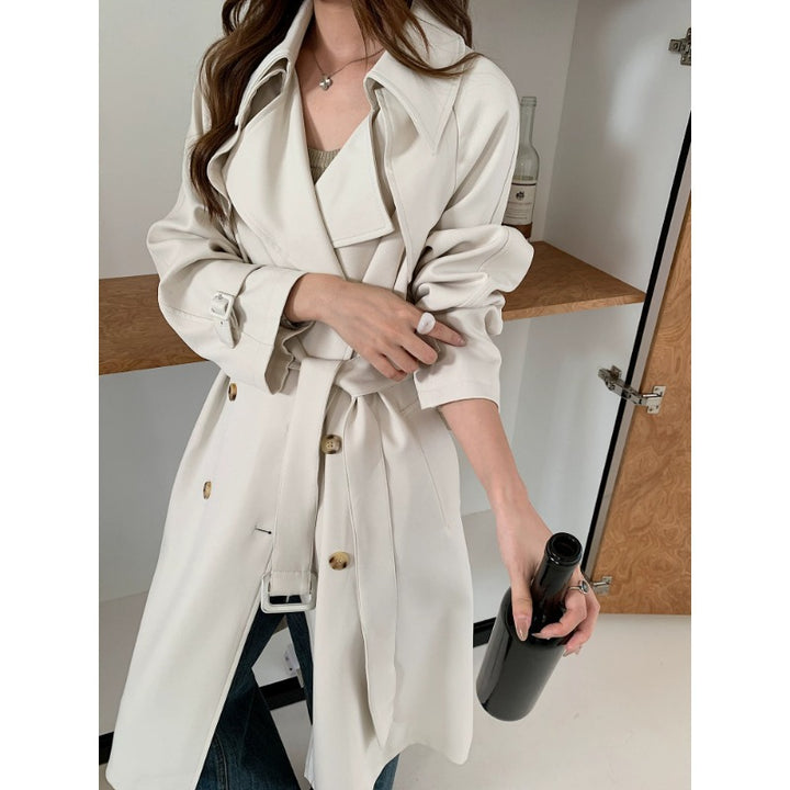 Women Boxy Midi Length Trench Coat with Soft Draping and Adjustable Cuffs Mune Fashion
