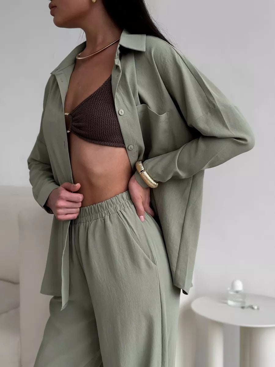 Women Two-Piece Lounge Set Oversize Blouse with Chest Pocket and Wide Palazzo Pants Mune Fashion