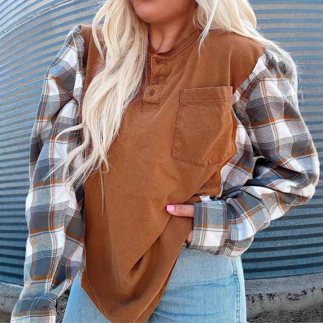 Women's nan further Henley pullover in layered look with checked sleeves and chest pocket Mune Fashion