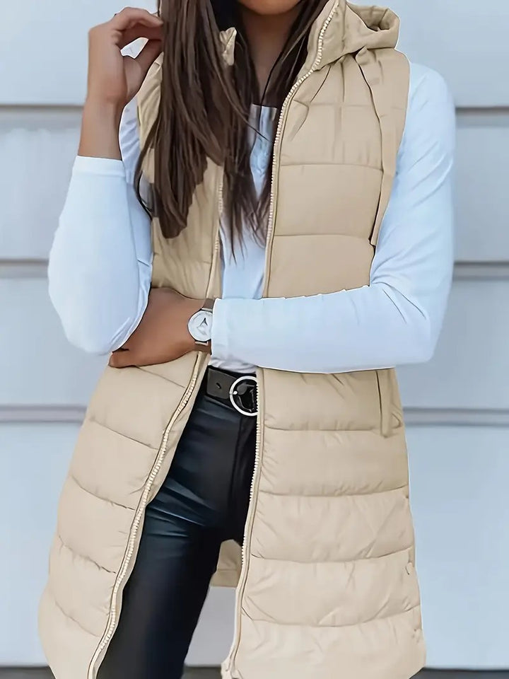 Ladies nan long quilted hooded vest with two-way zipper and side pockets Mune Fashion