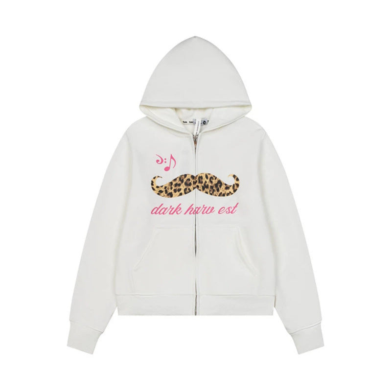 Women's hooded sweatshirt jacket with full zip, kangaroo pockets and playful leopard mustache print Mune Fashion