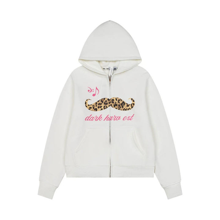 Women's hooded sweatshirt jacket with full zip, kangaroo pockets and playful leopard mustache print Mune Fashion