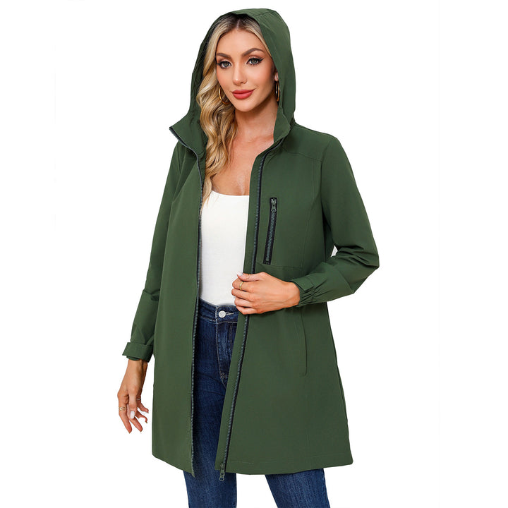 Women's long slim functional rain jacket with full-length zipper, chest zip pocket, and velcro cuffs Mune Fashion