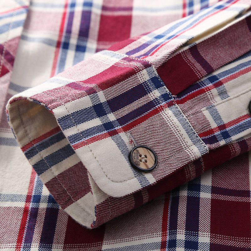 Men's Checked Cotton Flannel Shirt Jacket with Chest Flap Pockets and Shirt Collar Mune Fashion