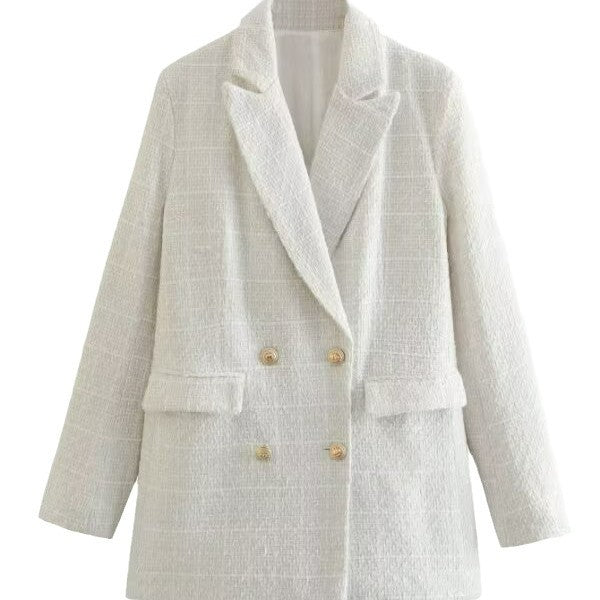 Women's Double-Breasted Boucle Tweed Blazer with Shawl Collar and Flap Pockets Mune Fashion