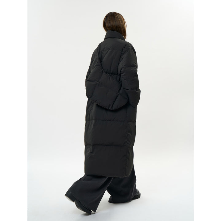 Women's Longer Quilted Down Look Coat with High Stand-Up Collar and Button Toggle Closure Mune Fashion