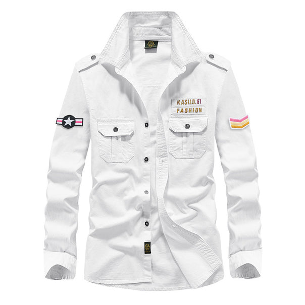 Men's military-inspired shirt jacket with shoulder epaulets, chest patch pockets, and badge patches Mune Fashion
