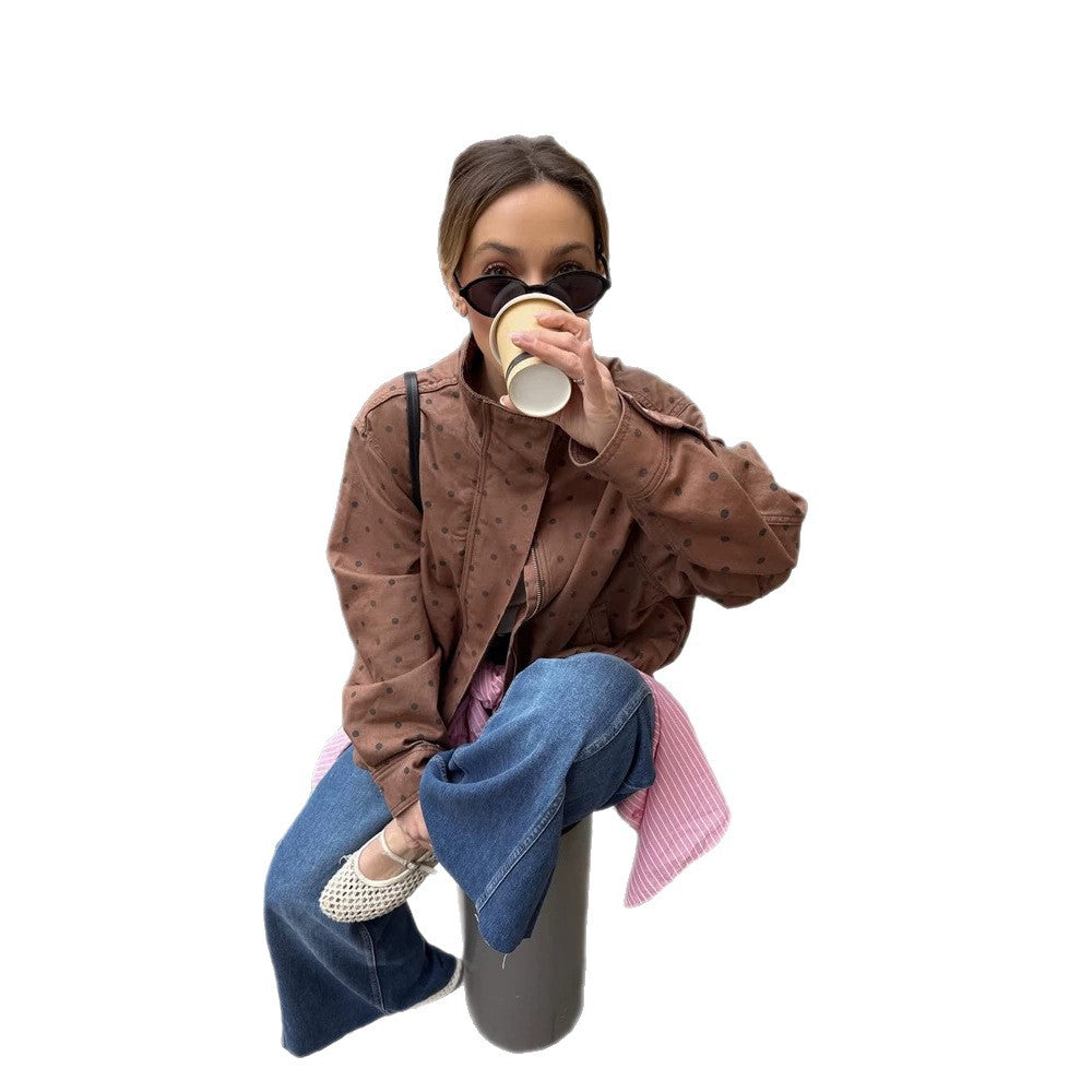 Women Two-Piece Polka Dot Loungewear Set made of Cotton Blend with Boxy Jacket and High-Waisted Wide Leg Pants Mune Fashion