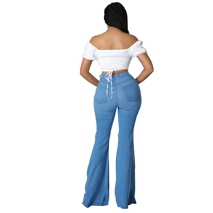 Women's high-waisted flared pants made of stretch denim with knee rips and shaping waistband Mune Fashion