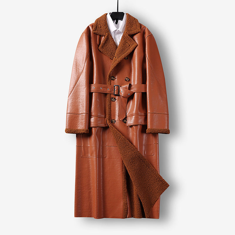 Men's Maxi-length Faux Leather Coat with Teddy Lining, Double-breasted Button Placket and Waist Belt Mune Fashion