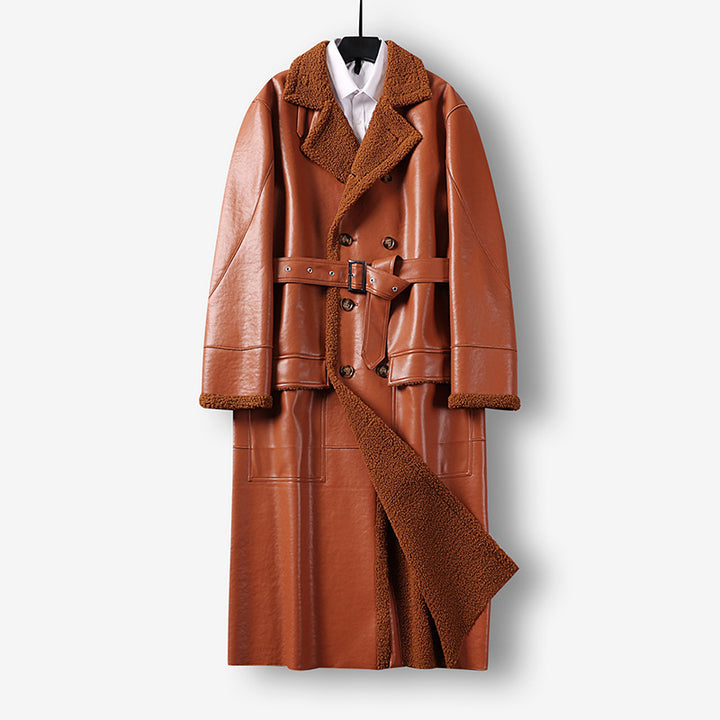Men's Maxi-length Faux Leather Coat with Teddy Lining, Double-breasted Button Placket and Waist Belt Mune Fashion
