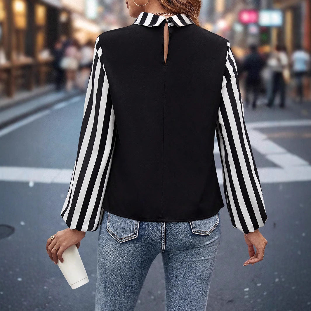 Women's blouse top with contrasting shirt collar and striped chiffon sleeves Mune Fashion