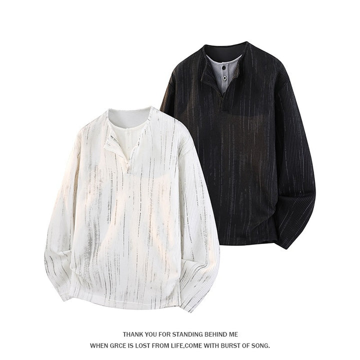 Men's Oversize Knit Sweater with Henley Neck and Fine Structure Stripe Mune Fashion