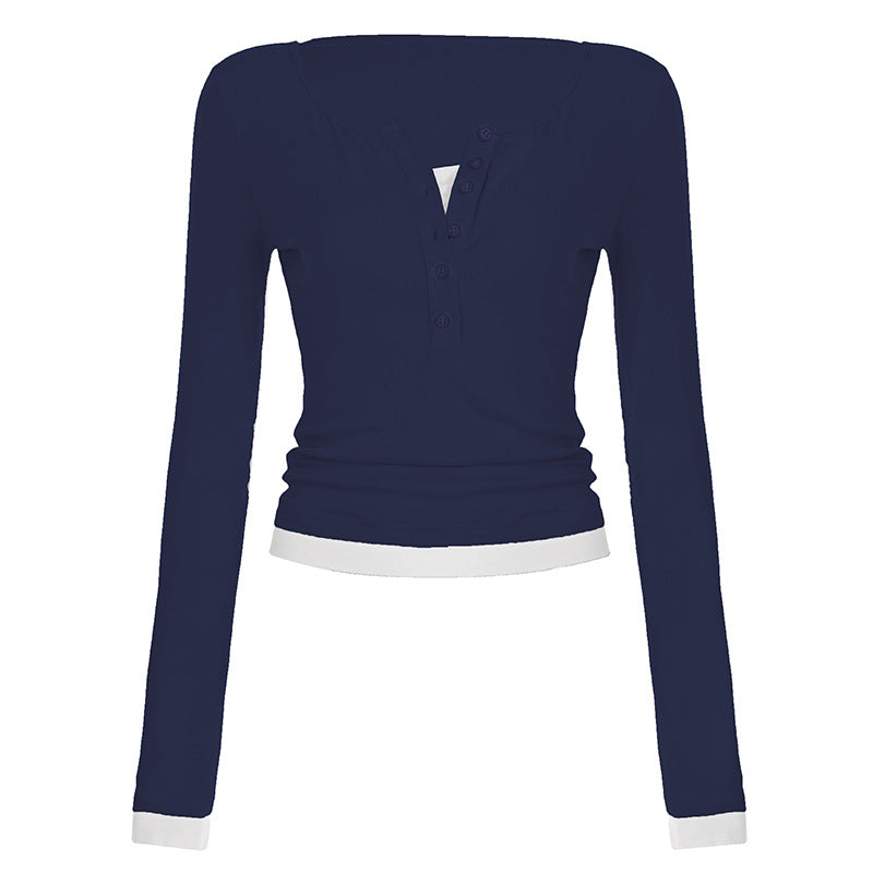 Women's tailored henley crop long sleeve with contrasting hem and sleeve cuffs Mune Fashion