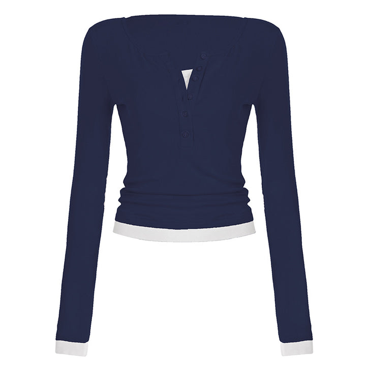 Women's tailored henley crop long sleeve with contrasting hem and sleeve cuffs Mune Fashion
