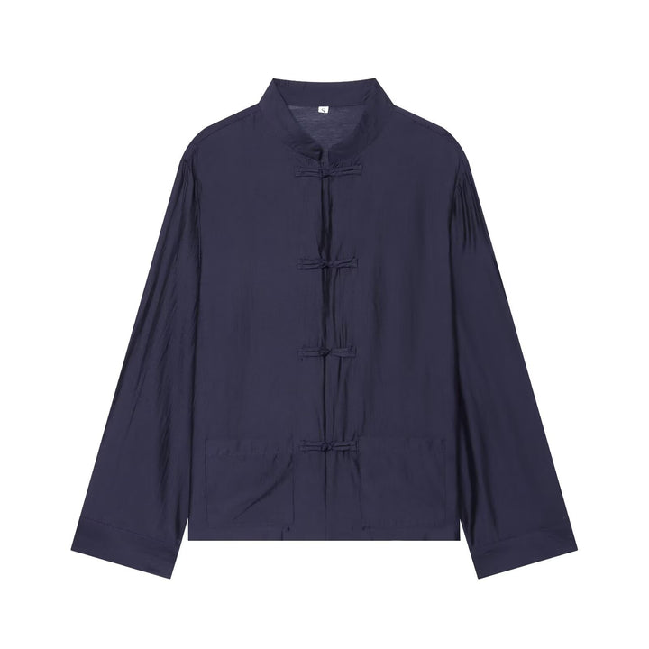 Women's Asian-inspired transitional jacket with stand-up collar, knot closures, and patch pockets Mune Fashion