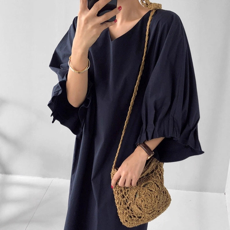 Women Oversized V-Neck Cotton Dress with Ruffle Sleeves Mune Fashion