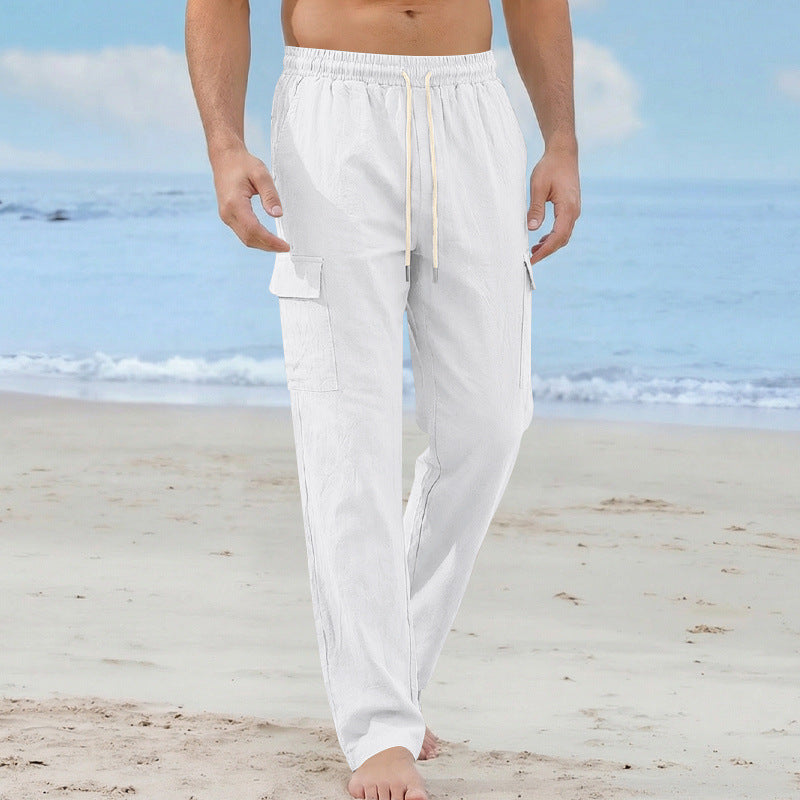 Men's cargo beach pants made of linen blend with elastic waistband and drawstring Mune Fashion