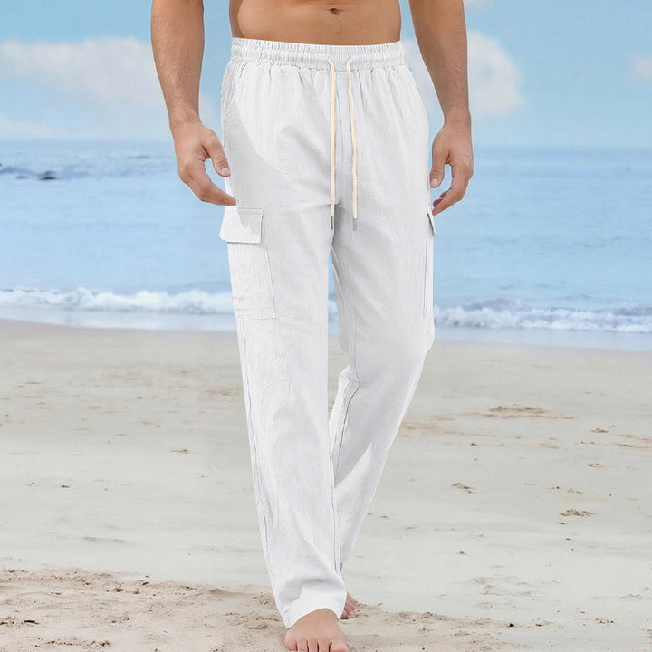 Men's cargo beach pants made of linen blend with elastic waistband and drawstring Mune Fashion
