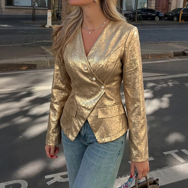 Ladies Elegant Blazer with Double Button Placket Mune Fashion