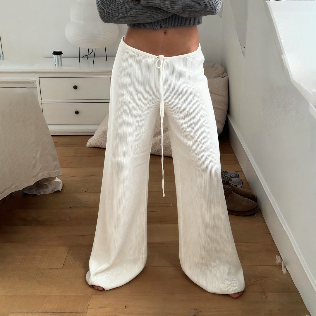 Women's casual lounge pants with wide leg, elastic drawstring waistband and fine ribbed knit Mune Fashion