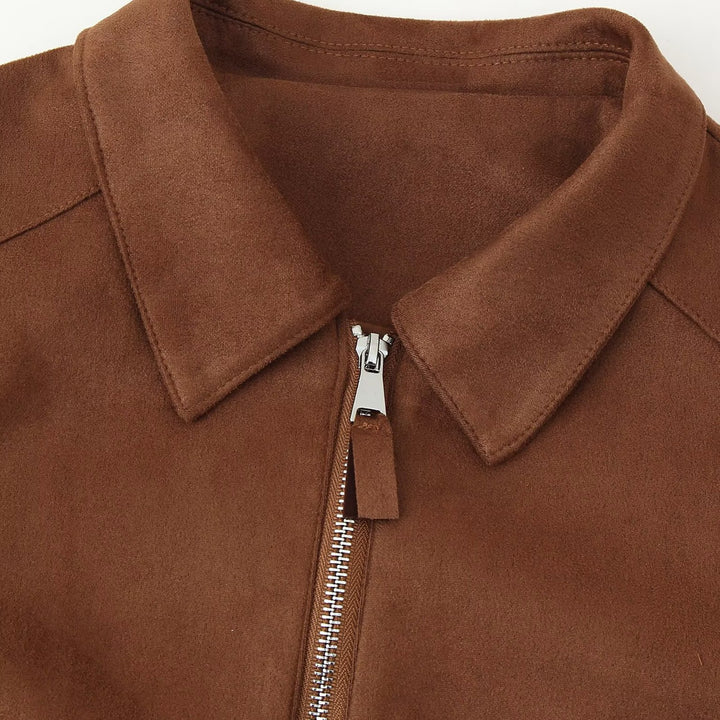 Women's Short Velour Look Jacket with Central Zip and Shirt Collar Mune Fashion