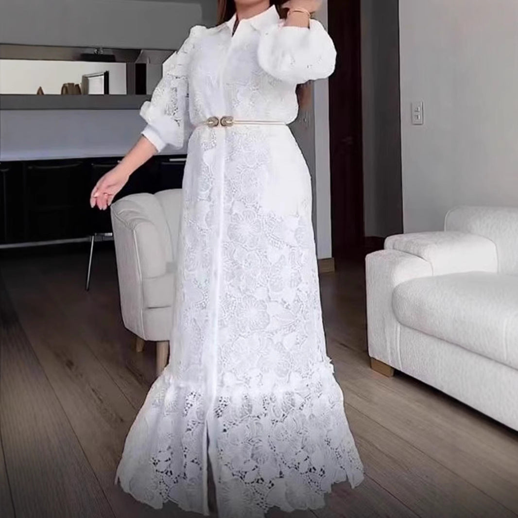 Ladies' maxi dress made of lace with shirt collar and puff sleeves Mune Fashion
