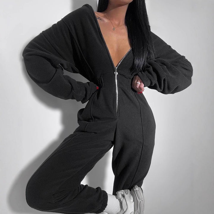 Women's hooded jumpsuit with fitted drawstring, full-length zipper and cuffs