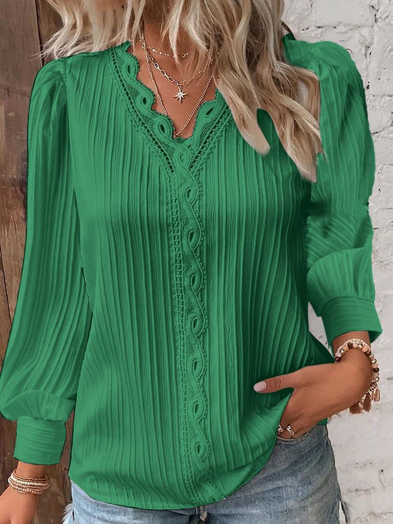Women's romantic V-neck lace blouse with pleats and puff sleeves Mune Fashion