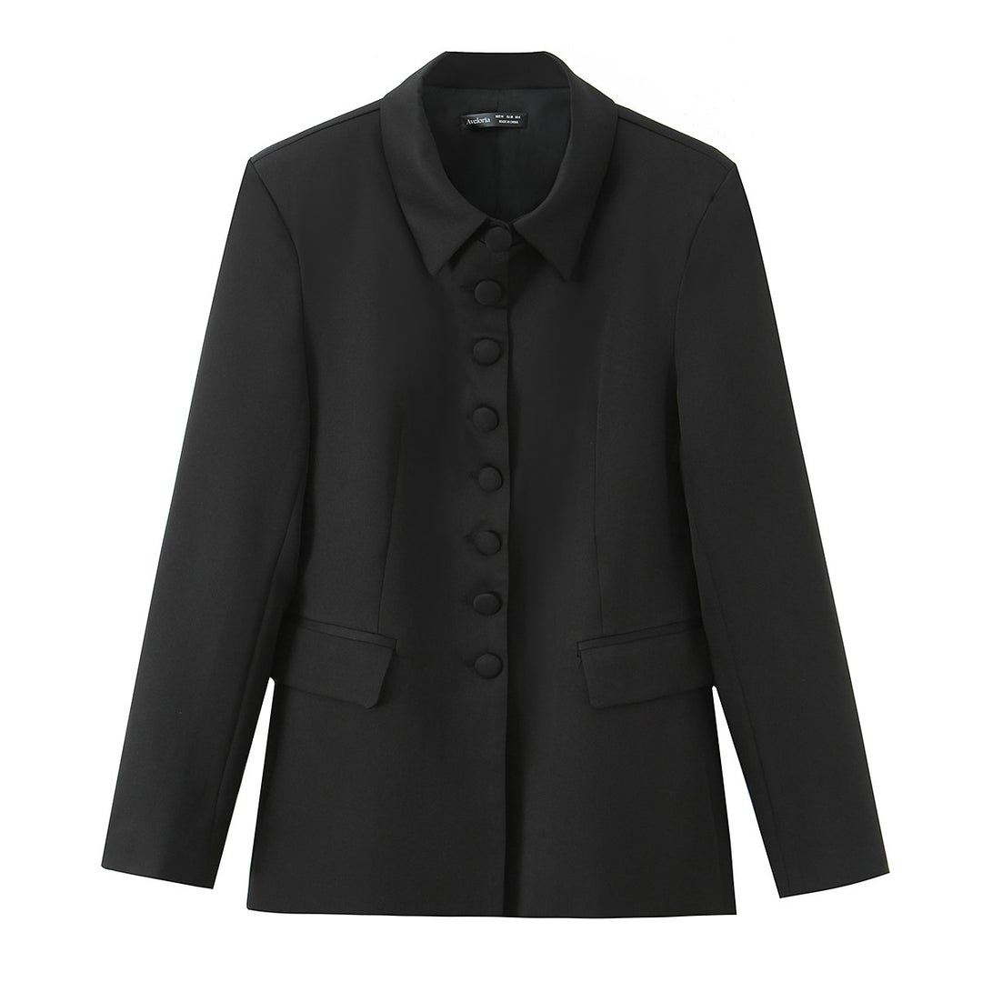 Women Tailored Blazer with Covered Buttons and Flap Pockets Mune Fashion